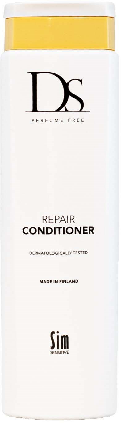 Eine weiße Flasche mit gelbem Deckel, gekennzeichnet DS parfumfrei Reparatur-Conditioner, hergestellt in Finnland für empfindliche Haut.