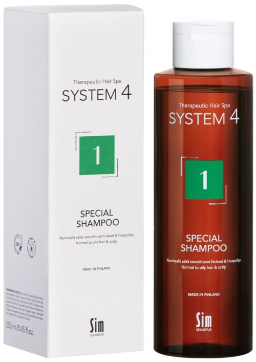 Haarshampoo und Verpackung mit 'System 4' Beschriftung für normales bis fettiges Haar.