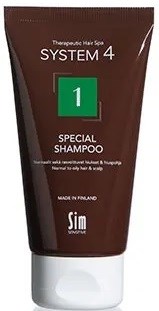 A brown tube of special shampoo from System 4 line, made in Finland, with green and white label, designed for hair health.
