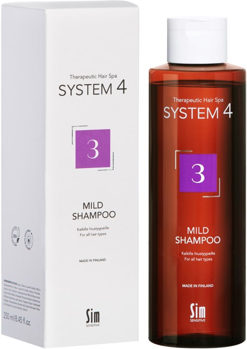 Valkoinen rasia ja oranssi pullo, jotka näyttävät System 4 Mild Shampoo kaikille hiustyypeille, valmistettu Suomessa.