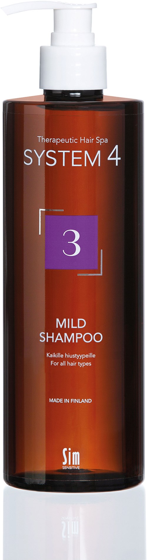 A brown bottle with a white pump contains mild shampoo labeled 'SYSTEM 4, 3, for all hair types.'