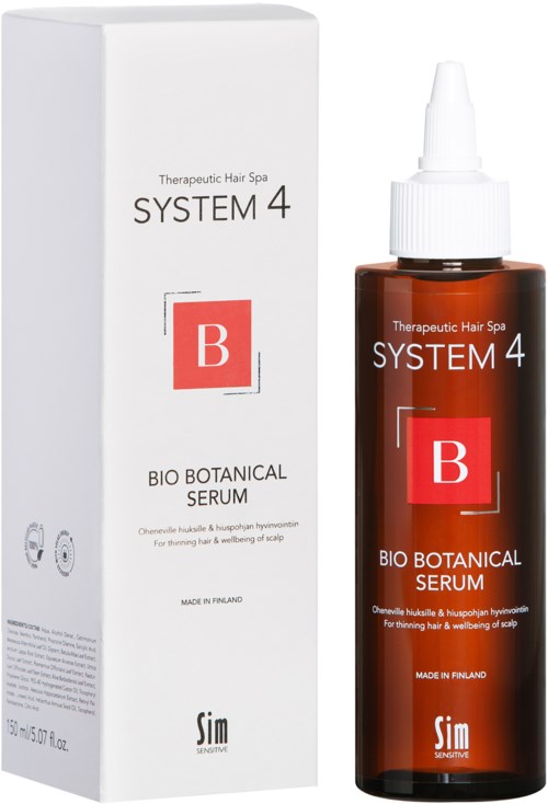 Braune Flasche und weiße Verpackung zeigen Bio Botanical Serum mit Pipettenkopf, für Haar und Kopfhautgesundheit.