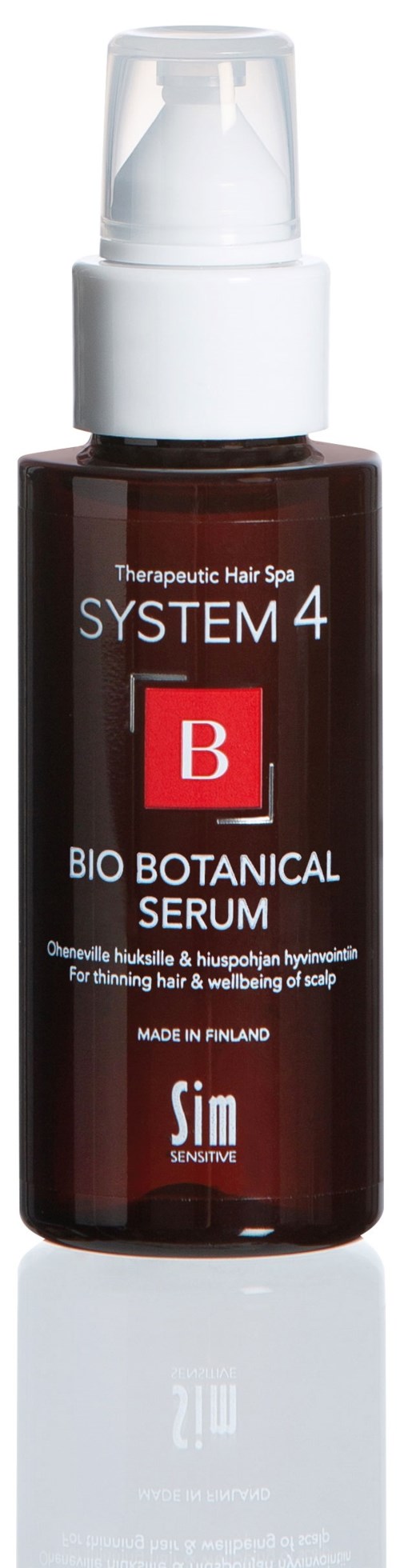 Dunkelbraune Flasche mit weißem Etikett und Pumpspender, gekennzeichnet als Bio Botanical Serum für Haare aus Finnland.