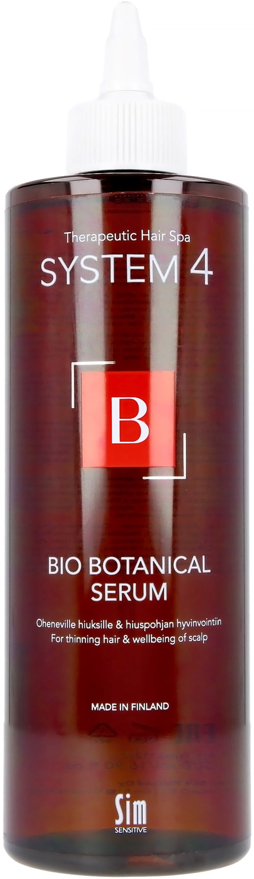 Eine rote Flasche mit weißem Pipettenverschluss, beschriftet 'System 4 Bio Botanical Serum' für Haarpflege.