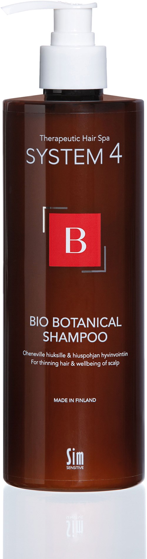 Braune Flasche mit Pumpe, beschriftet 'Bio Botanical Shampoo' für Haargesundheit, hergestellt in Finnland.
