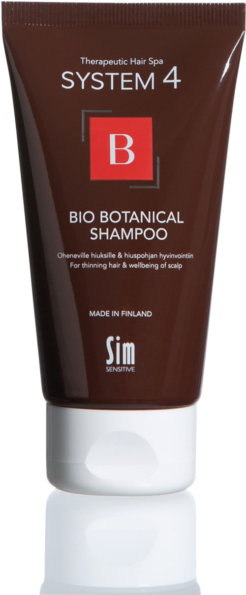 Ein brauner Tuben mit BIO BOTANICAL SHAMPOO, gekennzeichnet SYSTEM 4, hergestellt in Finnland, für dünnes Haar und Kopfhautgesundheit.