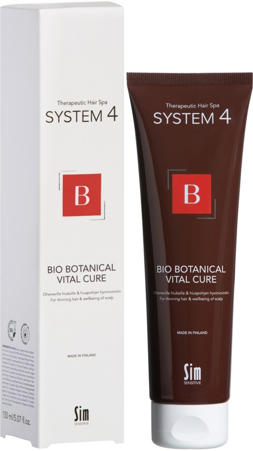 A brown tube and a white box display a hair care product called System 4 B Bio Botanical Vital Cure.