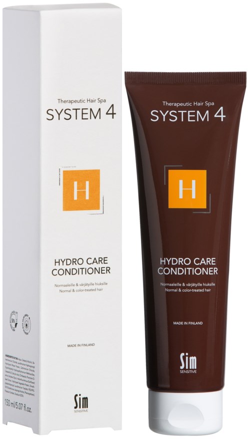 Hiustenhoitoaineputki ja laatikko, joissa lukee 'System 4 Hydro Care Conditioner' ruskeana ja valkoisena oranssilla logolla.
