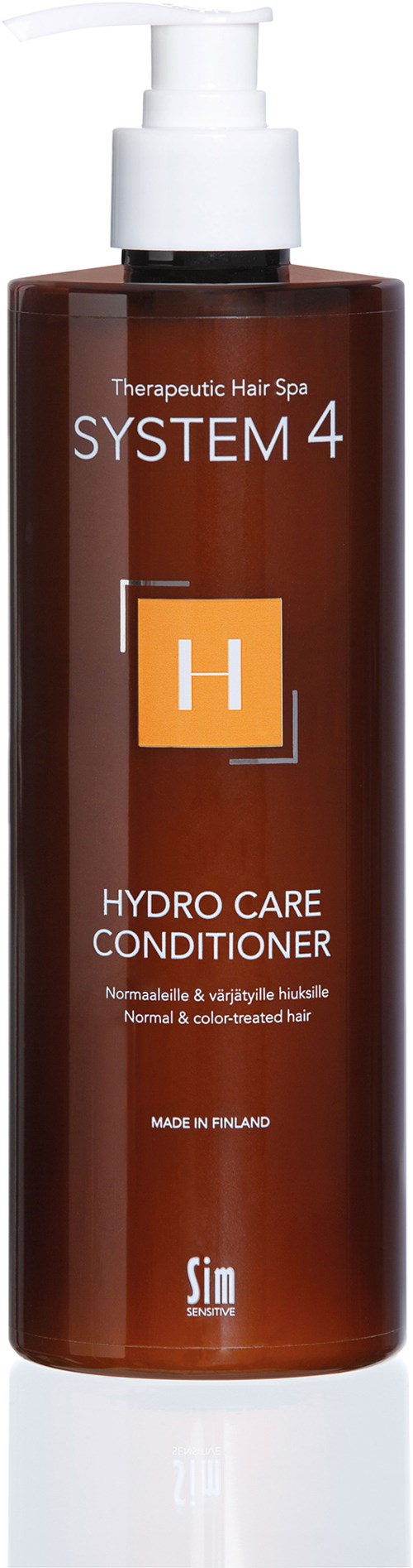 Ruskea pumppupullokko, jossa teksti 'Hydro Care Conditioner' ja 'System 4', valmistettu Suomessa.