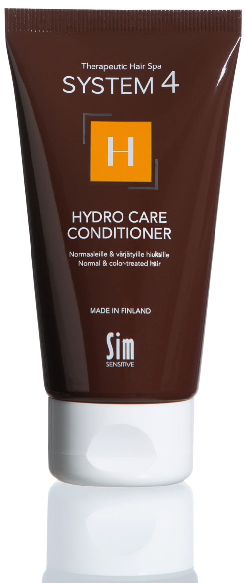 Een bruine tube met Hydro Care Conditioner label 'Systeem 4' met witte deksel, gemaakt in Finland.