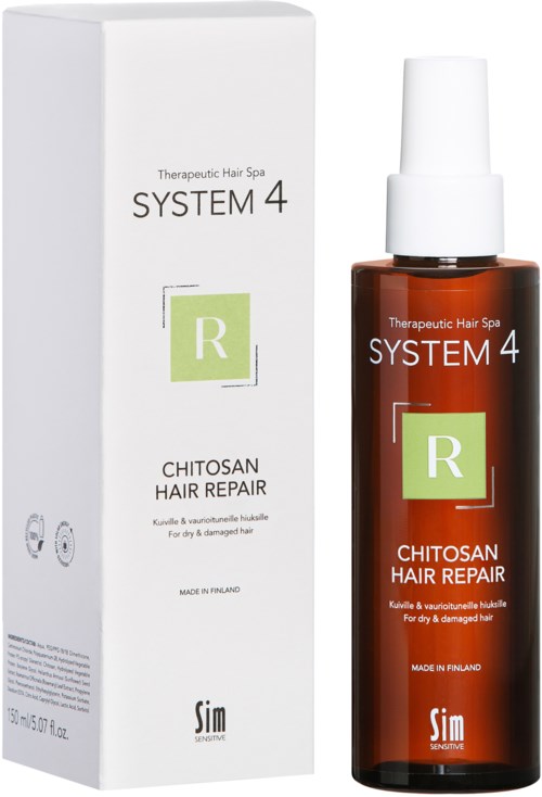 A brown bottle with a white spray top and a white box beside it. Both are labeled "SYSTEM 4 Chitosan Hair Repair."