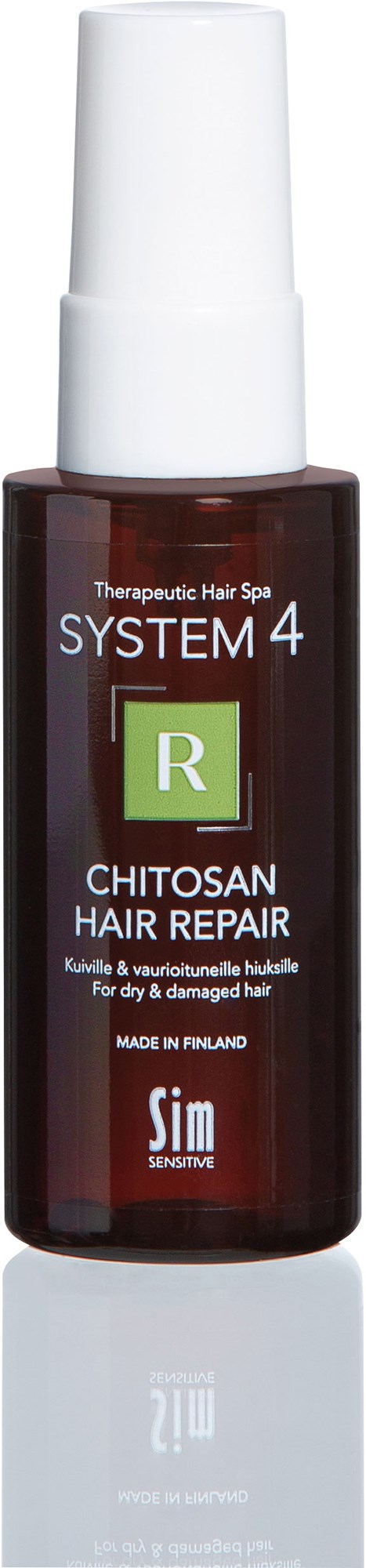 A dark red bottle labeled Chitosan Hair Repair with a white pump top, designed for damaged hair care.