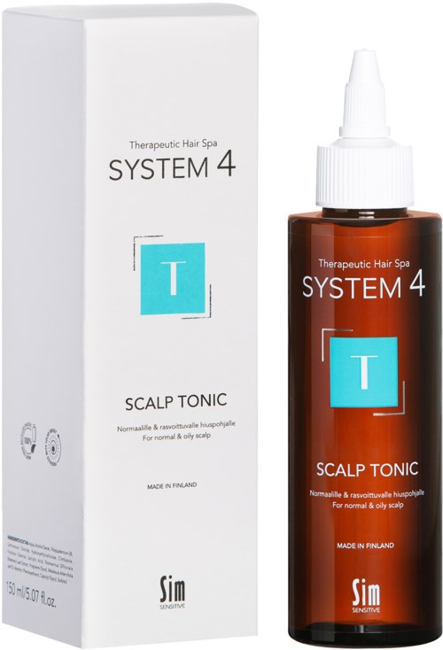 Ein Haarpflegeprodukt namens System 4 Scalp Tonic in einer braunen Flasche mit weißen Tropfverschluss und weißer Verpackung.