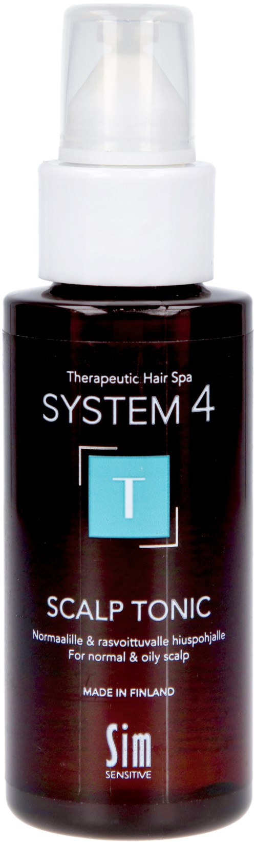 Eine dunkle Flasche mit weißem Pumpkopf, beschriftet 'System 4 Scalp Tonic' für normale bis fettige Kopfhaut, hergestellt in Finnland.