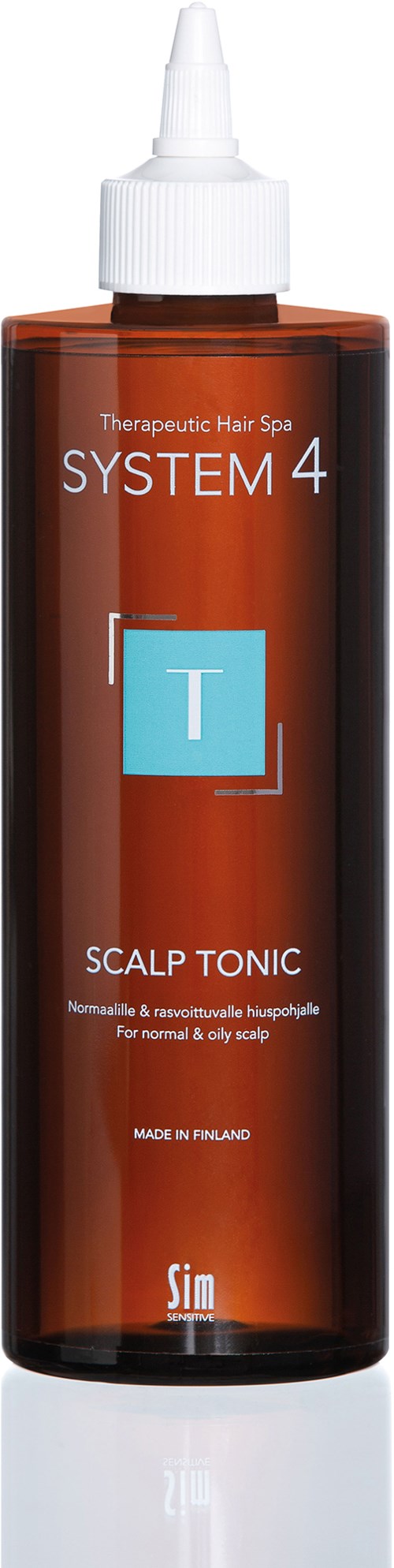 Braune Flasche mit weißen Verschluss, genannt System 4 Scalp Tonic, hergestellt in Finnland für Haarpflege.