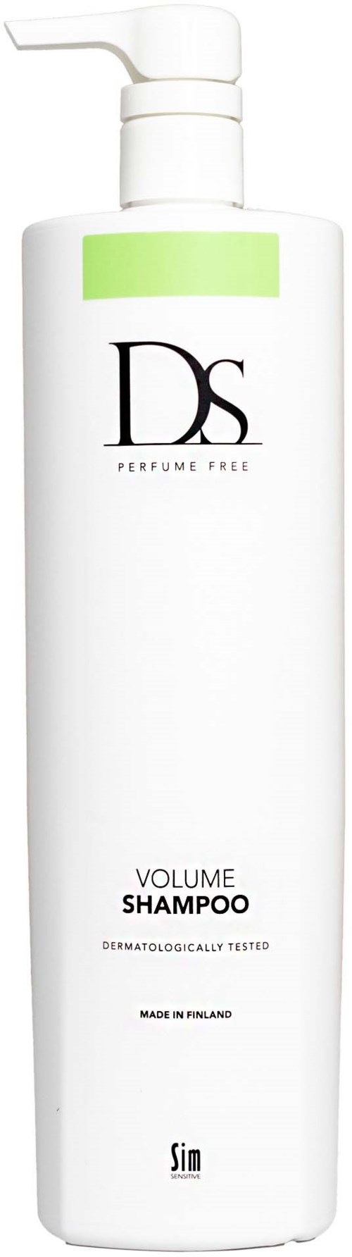 Pitkä valkoinen shampoopullo, pumpp Event. merkitty DS Perfume Free, valmistettu Suomessa.