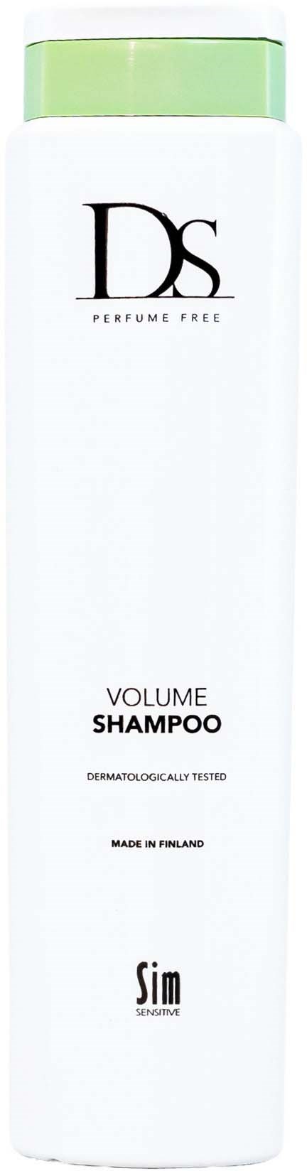 Valkoinen shampookka taas vihreä korkki, nimeltä Ds Perfume Free Volume Shampoo, valmistettu Suomessa.