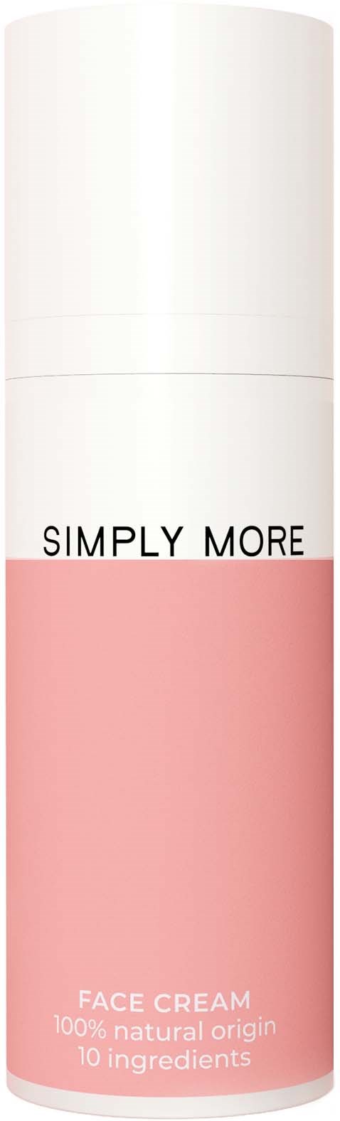 A tall white and pink bottle labeled 'Simply More Face Cream' with 10 ingredients, natural origin.