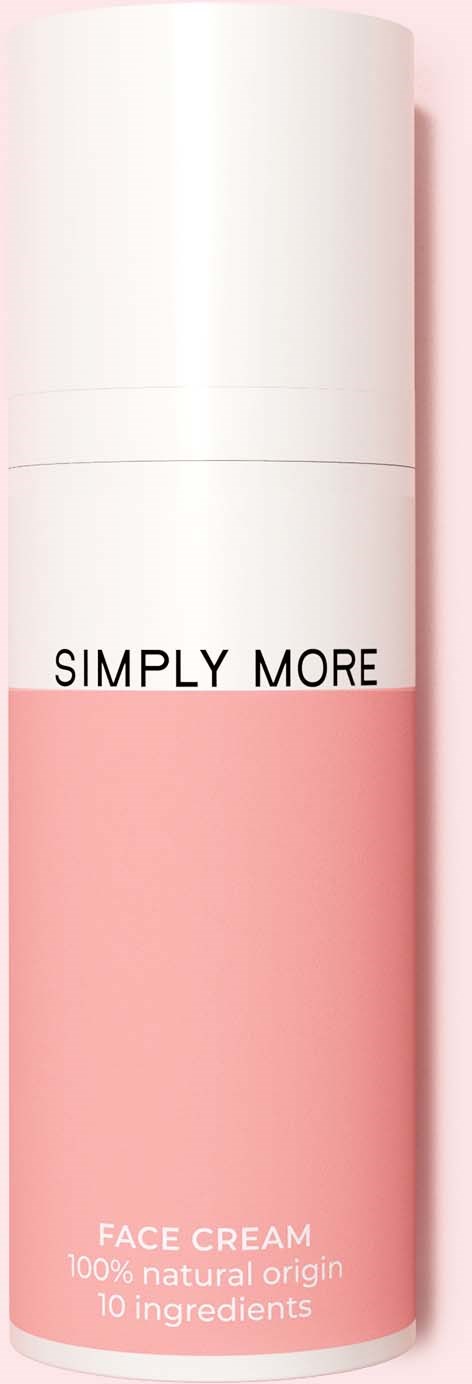 A white and pink bottle with text that says "Simply More Face Cream" and "10 ingredients."