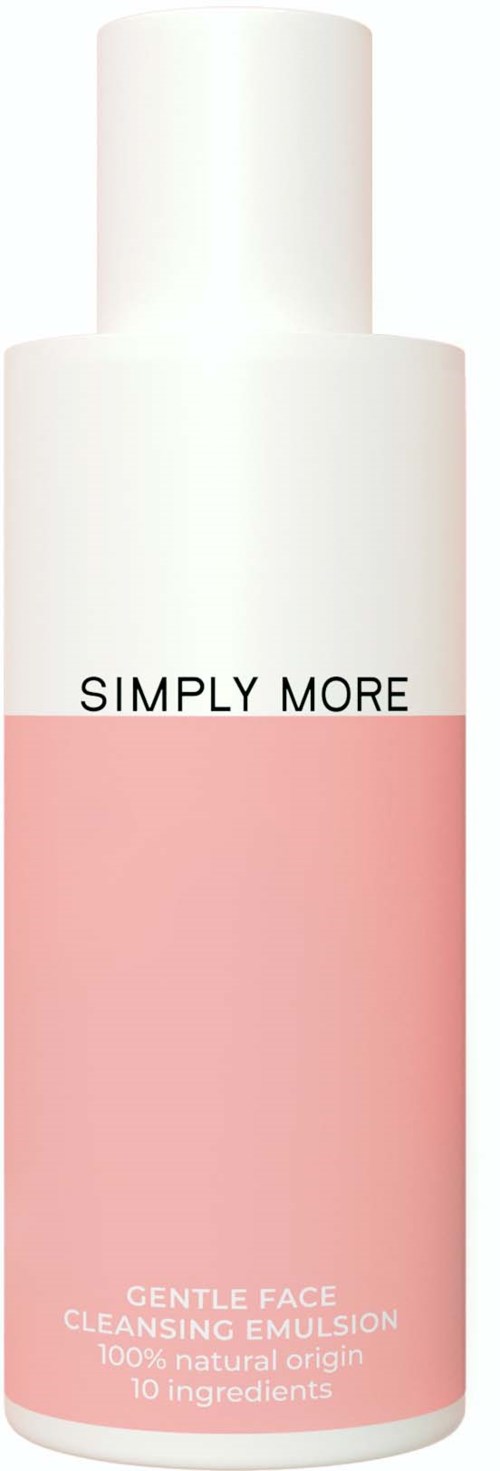 A tall white bottle with a pink lower half and label, saying "Simply More" and details about face cleansing.