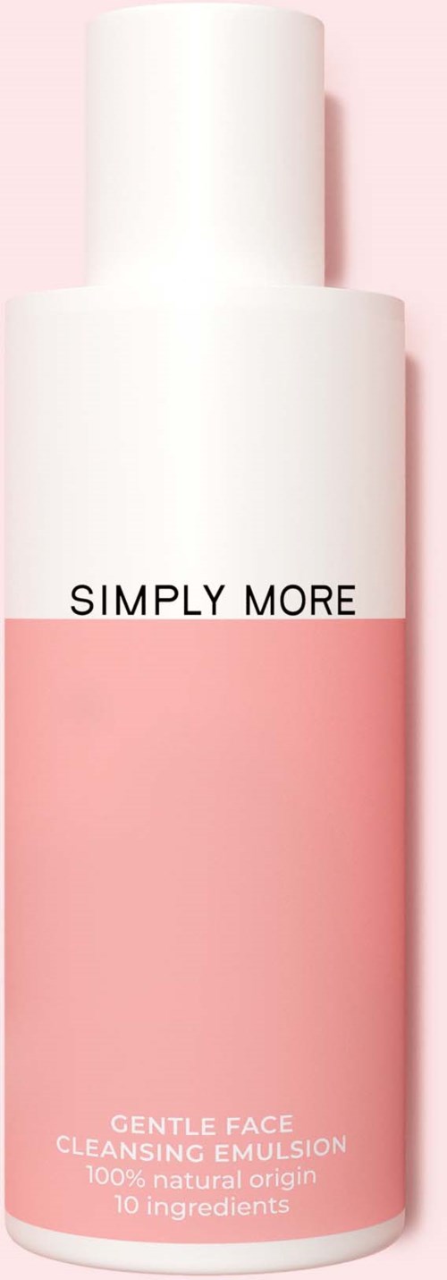 A pink and white bottle of gentle face cleansing emulsion, labeled 'Simply More', with ten natural ingredients.