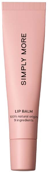 Pink tube labeled 'Simply More Lip Balm' with '9 ingredients' and '100% natural origin' text.