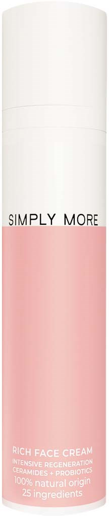 A pink and white skincare bottle labeled 'Simply More' with text about face cream benefits.