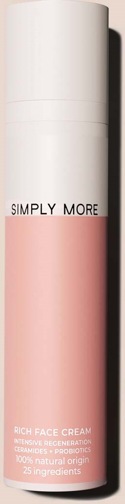 A pink and white bottle labeled "Simply More" for rich face cream, with ingredients and product details on it.