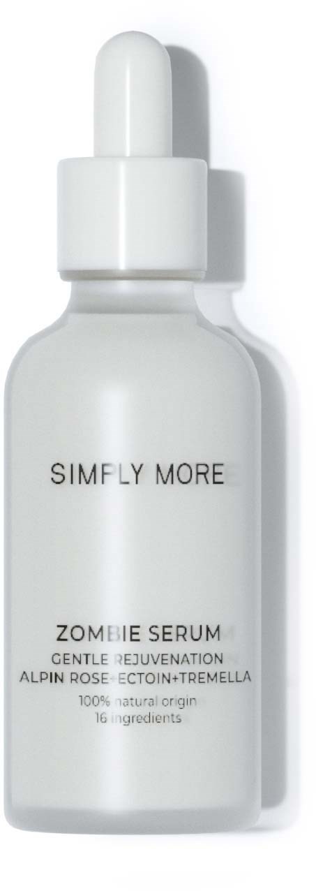 A white bottle labeled 'SIMPLY MORE Zombie Serum' with a dropper cap, contains serum for skin care.