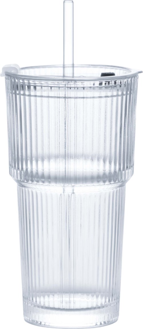 Eine klare, gerippte Plastikbecher mit Strohhalm im Inneren, gestapelt auf einem ähnlichen leeren Becher.