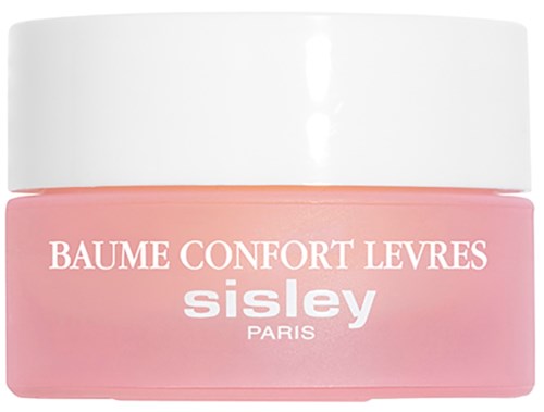 Pieni vaaleanpunainen lasi, jossa valkoinen kansi, merkinnällä 'Baume Confort Lèvres Sisley Paris.'