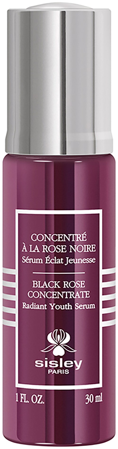 Violetti pullo hopeisella kansella, merkitty Sisley Paris Black Rose Youth Serumilla.