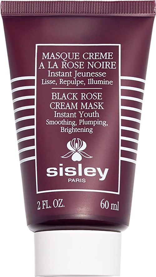 Een donkerrode tube huidcrème met witte tekst en logo, gelabeld voor Black Rose Cream Mask en jeugdvoordelen.