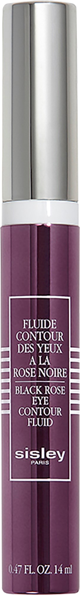 Lila oogcontourvloeistof met zilveren dop en wit band, gelabeld 'Sisley Black Rose Eye Contour Fluid'.