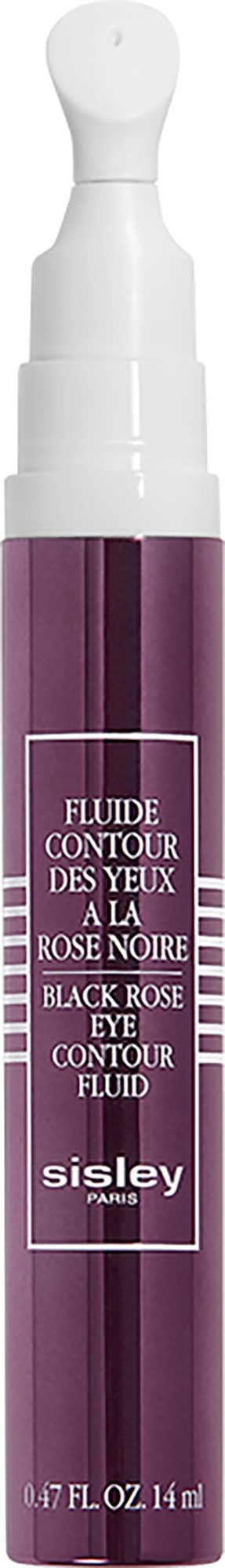 Een paarse tube met een witte punt, gemarkeerd 'Black Rose Eye Contour Fluid' door Sisley Paris.