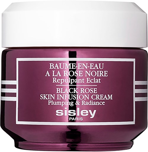 En lila burk med Sisley Black Rose hudvårdscreme med vit och lila text på etiketten.