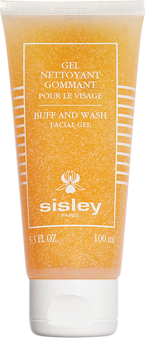 Een tube Sisley gezichtsgel met oranje kleur en witte tekst, toont merknaam en productdetails.