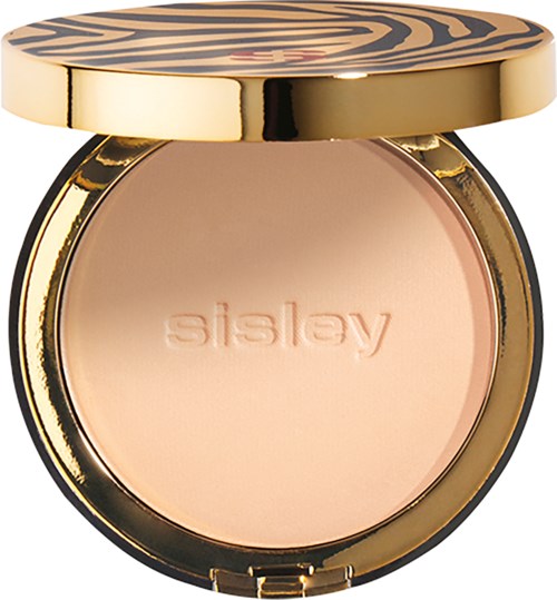 En expensive makeupprodukt i en compact-variant med guld- och svart-randigt lock, präglad med ordet 'sisley', troligen puder eller rouge.