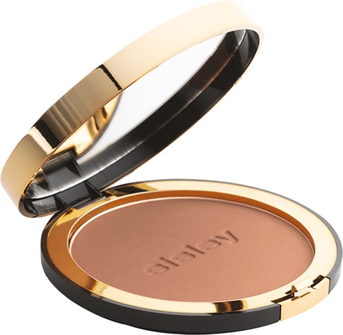 Een ronde compacte met een spiegel, met bruin poeder gemarkeerd 'LORAC'.