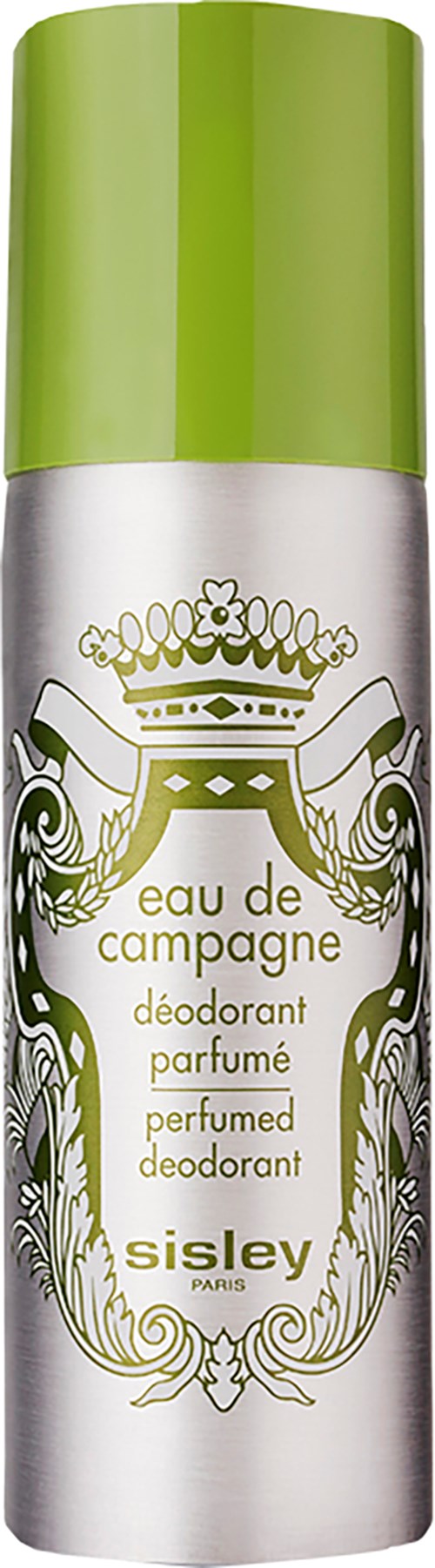 Ein Parfüm-Deodorant-Spray mit grünem Deckel, dekorativer Etikett und Markenname Sisley Paris auf der Dose.
