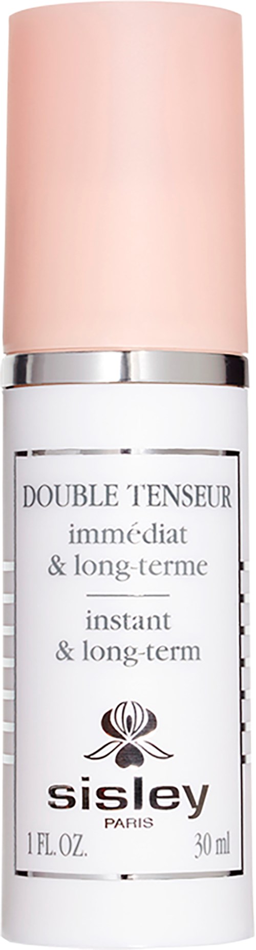 This is a skincare product bottle with a pink cap, labeled as Sisley Double Tenseur for instant and long-term skin lifting.
