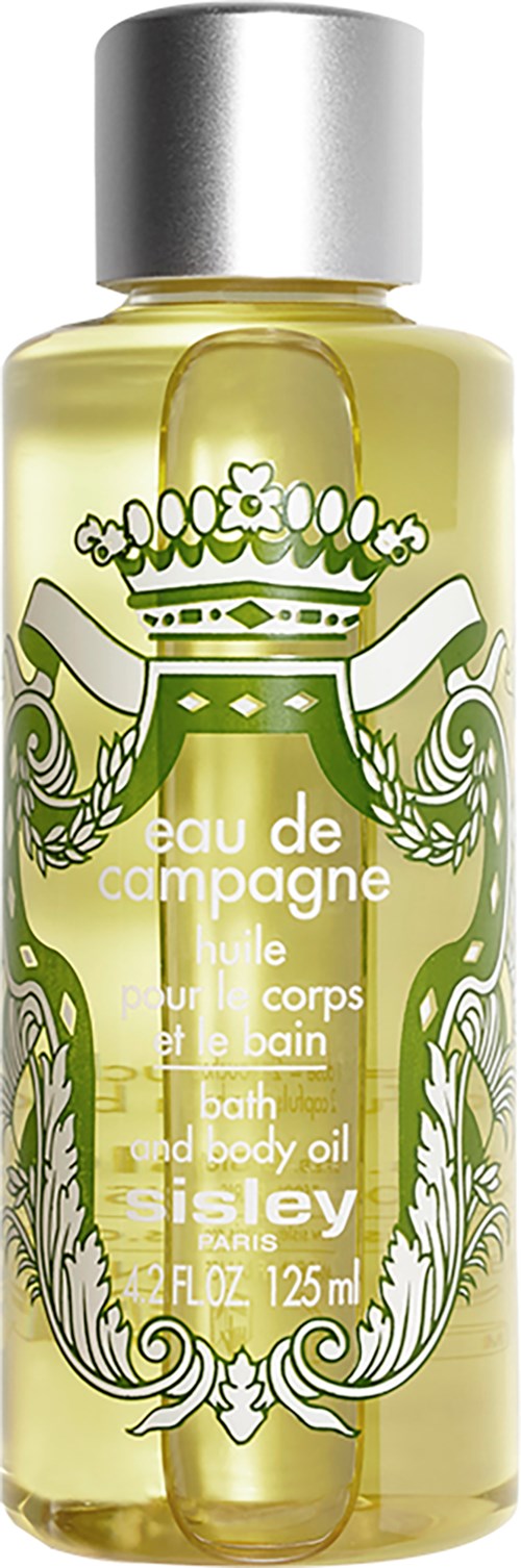 A clear bottle of bath and body oil with a silver cap, featuring green decorative design and white text.