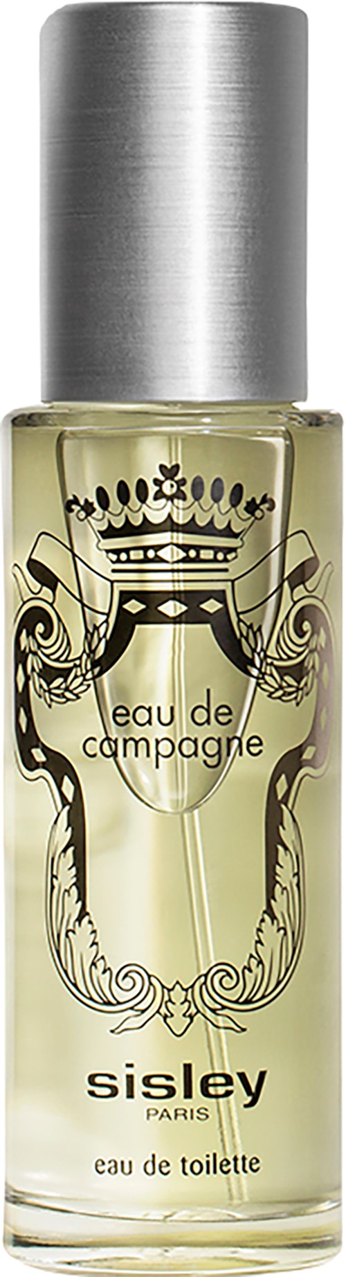 Een heldere glazen parfumfles met een zilveren dop, met een kroon en decoratief ontwerp met de woorden 'Sisley Paris Eau de Toilette.'