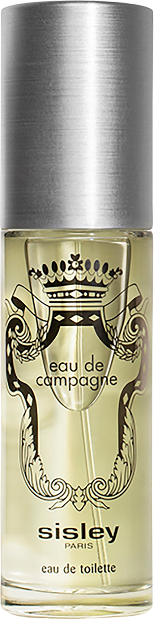 Een parfumfles met zilveren dop, label zegt 'Sisley Eau de Campagne', lichtgele vloeistof binnen.