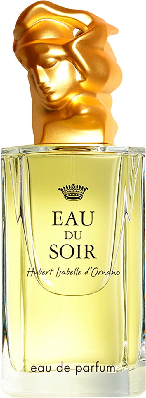 A perfume bottle with a golden head-shaped cap and a yellow liquid inside. The label says Eau du Soir.