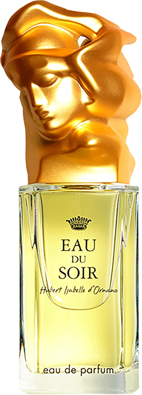 Een parfumfles met label 'Eau du Soir', goudkleurige hoofdvormige dop, gele kleur en elegant ontwerp.