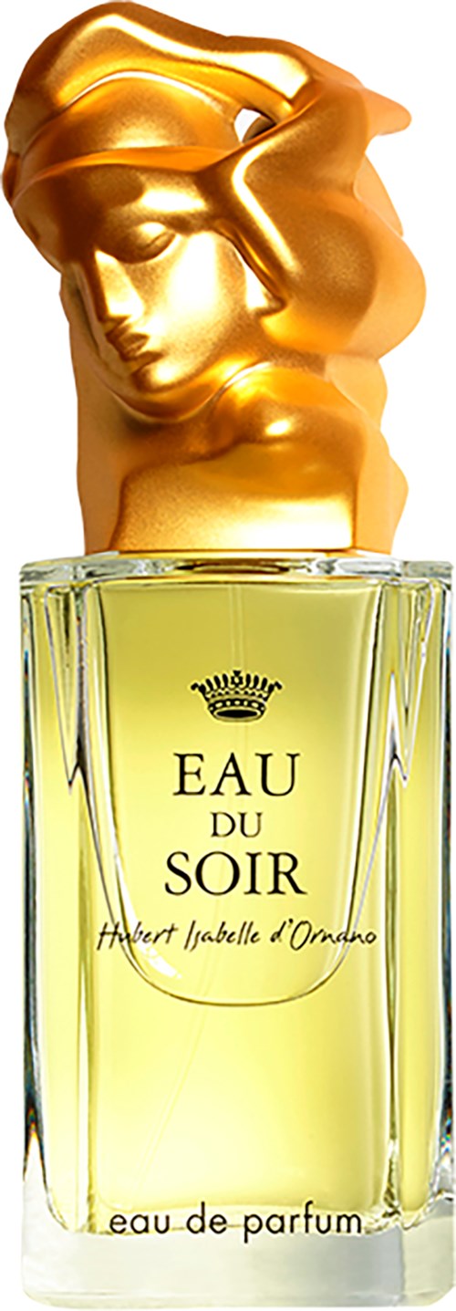 Een flacon parfum genaamd 'Eau du Soir' met een gouden hoofdvormige dop en gele vloeistof.