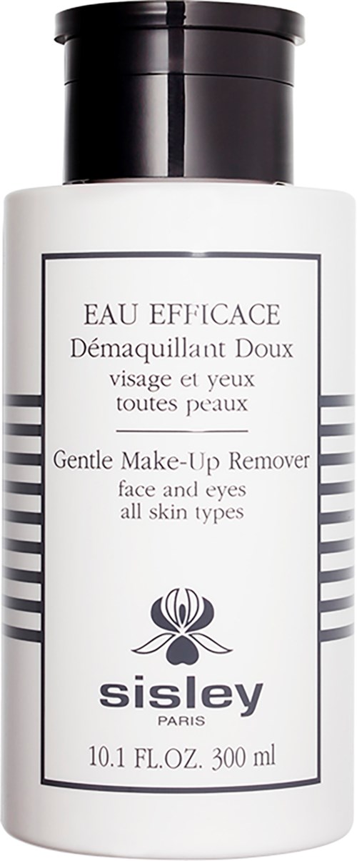 Een witte fles met zwarte dop en gestreept ontwerp, gelabeld als zachte make-up verwijderaar voor gezicht en ogen, van Sisley Paris.
