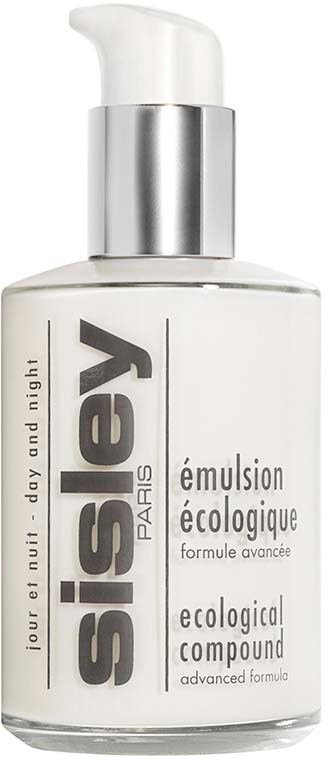 A white bottle with a silver pump, labeled 'SISLEY Paris' and 'ecological compound' for skincare.