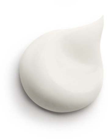 A white, curved cream dollop with a peak on a plain white background.